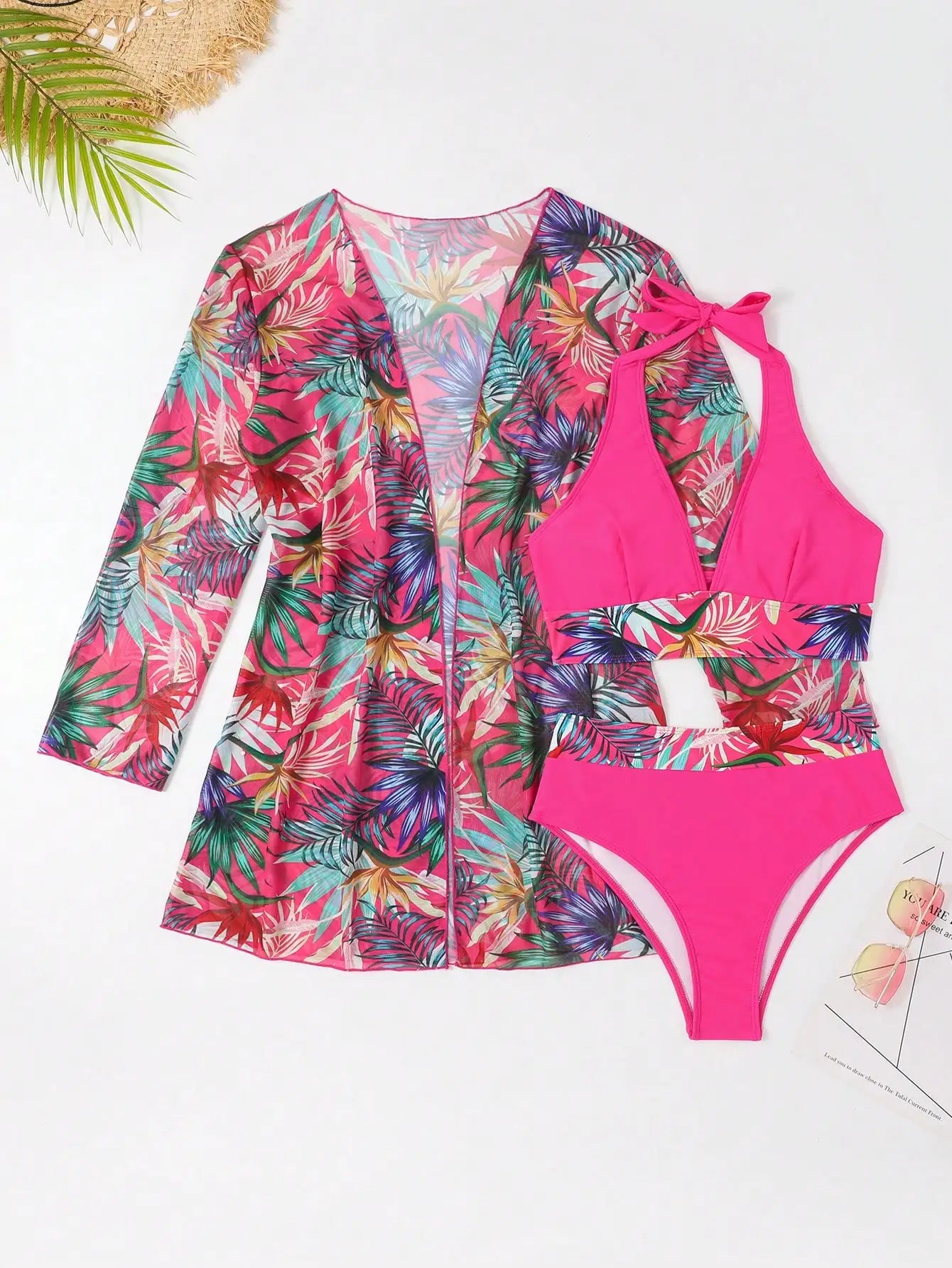 Halter Print Bikini Sets 3PCS Women Swimsuit With Kimono High Waist Swimwear Female Bathers Bathing Swimming Swim Suit Beachwear - She Vibess By C2P