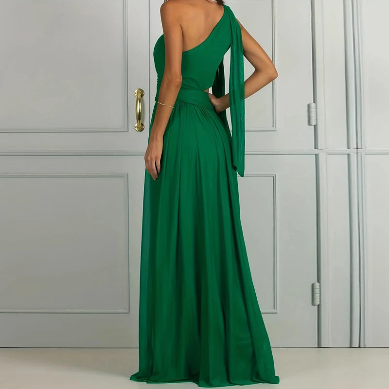 2025 Sexy Diagonal Neck High Waist Mesh Dress Fashion One Shoulder Sleeve Hollow Evening Dress Green Elegant Backless Long Dress - She Vibess By C2P