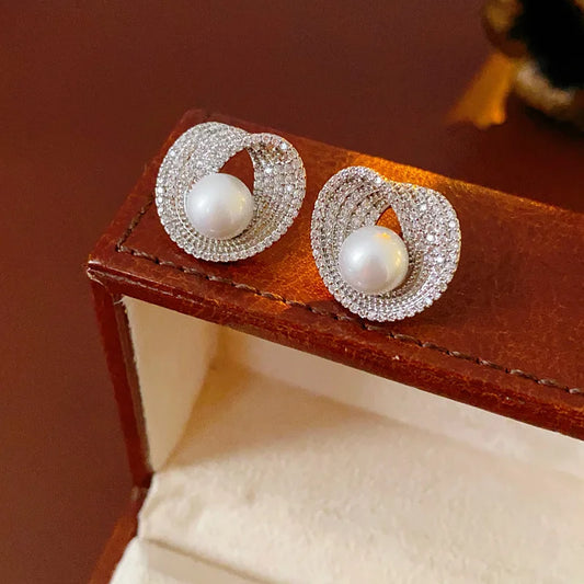 Zircon Round Pearl Earrings for Women Personality Irregular Stud Earring Temperament High Sense Simple Jewelry Wedding Girl - She Vibess By C2P