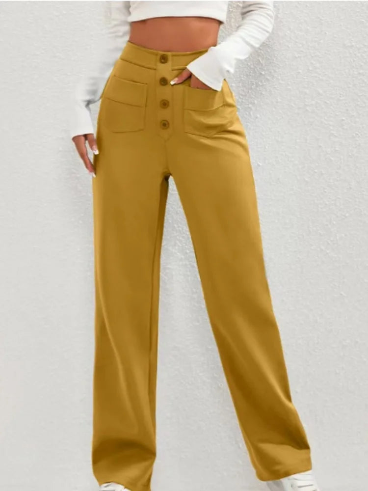 Fashion New Women's Trousers Casual Straight High Waist Button Elastic Daily Office Ladies Multi-Pocket Basic Sweatpants