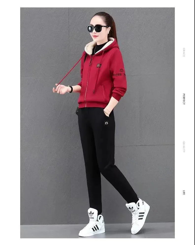Fashionable Thickened Fleece Set Women's Loose Casual Outfit Hoodie with Pocket Two-Piece Autumn Winter Style Streetwear - She Vibess By C2P