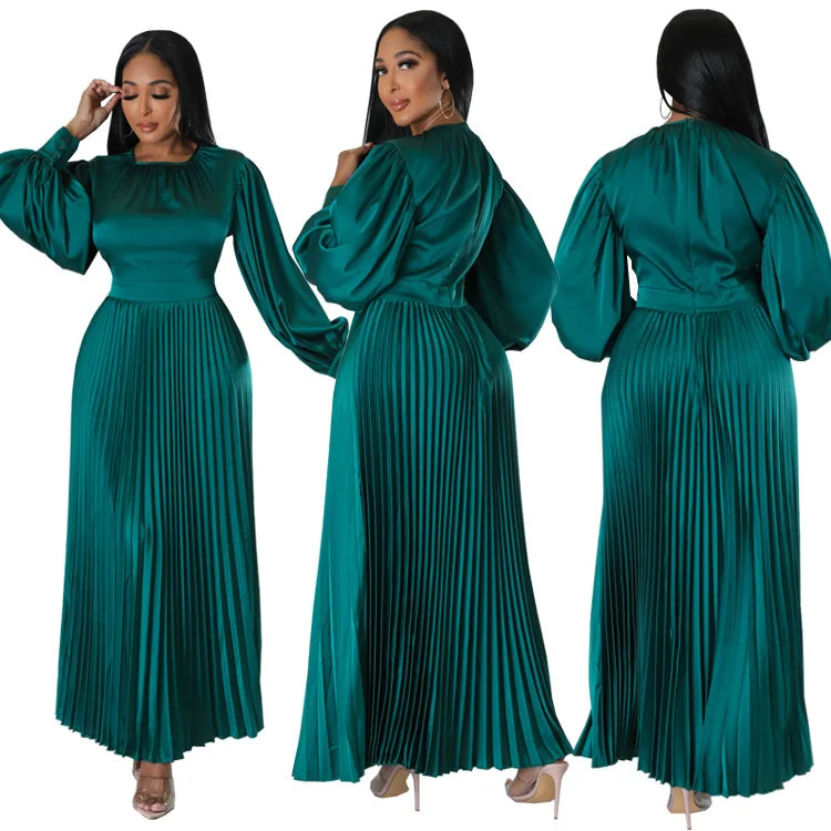 2024 Spring Pleated Loose Fit Maxi Dresses Women Solid Ruched Lantern Sleeve Party Evening Wedding Long Dress Women - She Vibess By C2P