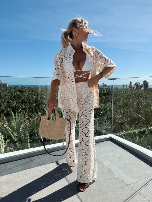 Fashion Lace Two Piece Set Lady Loose Lapel Half Sleeved Single Breasted Shirt Casual Trousers Suit Sexy Hollow Women Clothing