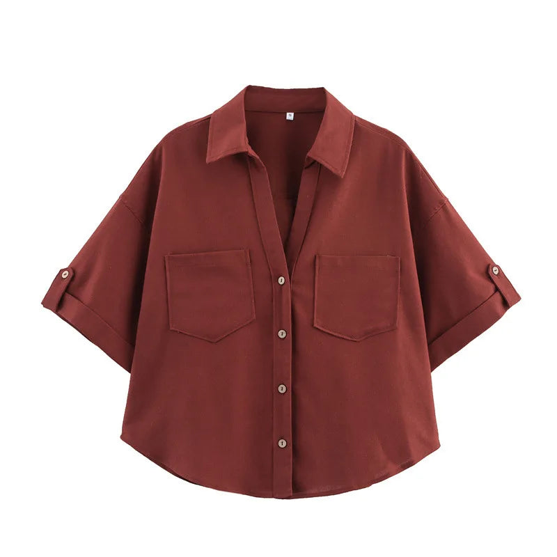 CM.YAYA 2025 Fall Autumn Women Half Sleeve Single Breasted Blouse and Shirt V-neck Pockets Street Casual Loose OL Tops Shirts