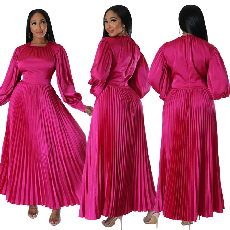 2024 Spring Pleated Loose Fit Maxi Dresses Women Solid Ruched Lantern Sleeve Party Evening Wedding Long Dress Women - She Vibess By C2P