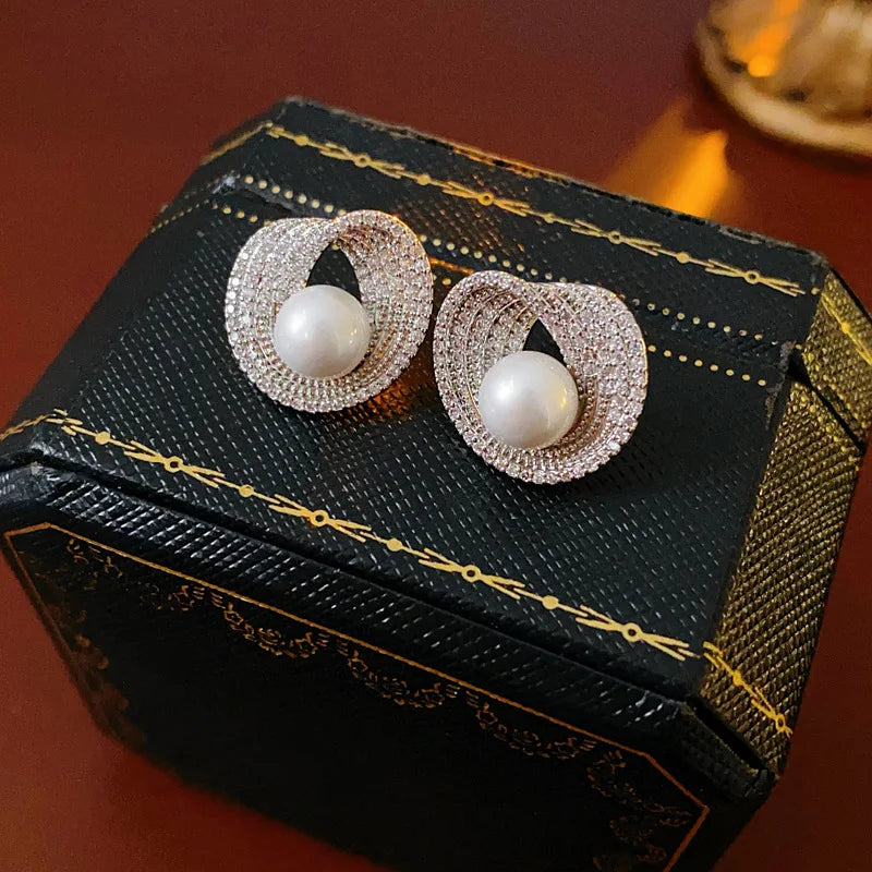 Zircon Round Pearl Earrings for Women Personality Irregular Stud Earring Temperament High Sense Simple Jewelry Wedding Girl - She Vibess By C2P