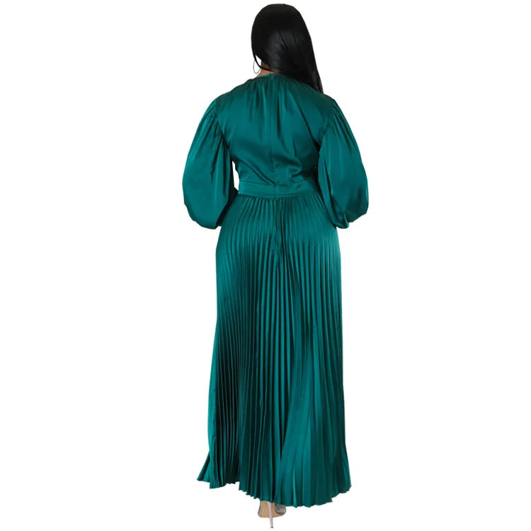 2024 Spring Pleated Loose Fit Maxi Dresses Women Solid Ruched Lantern Sleeve Party Evening Wedding Long Dress Women - She Vibess By C2P