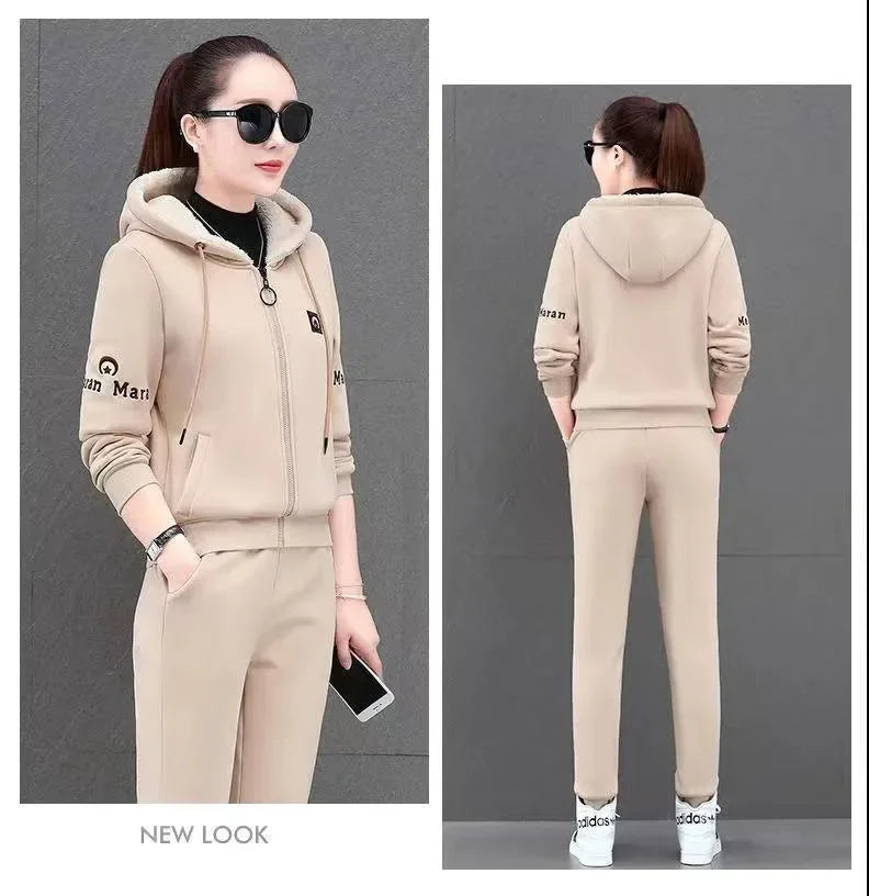 Fashionable Thickened Fleece Set Women's Loose Casual Outfit Hoodie with Pocket Two-Piece Autumn Winter Style Streetwear - She Vibess By C2P