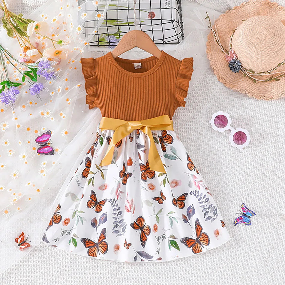 Cute and Comfortable Girls Summer Dress with Butterfly Print and Pitted Stripes Wear Special Occasions Girls Casual Dresses - She Vibess By C2P