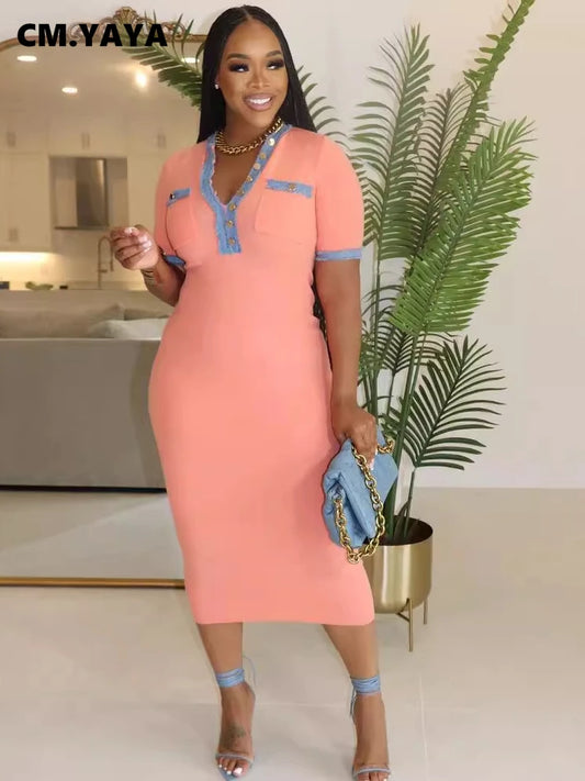 CM.YAYA Women Button Front Denim Splicing V-neck Short Sleeve Midi Dress 2024 Summer Sexy Club Street Party Dresses Vestidos - She Vibess By C2P