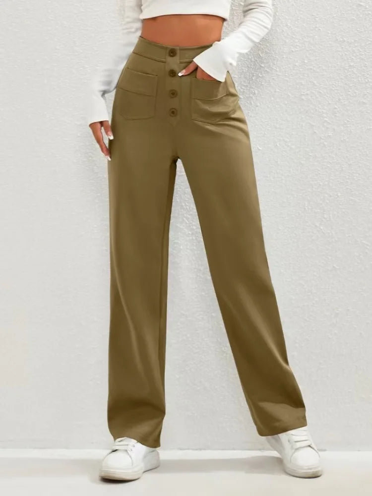 Fashion New Women's Trousers Casual Straight High Waist Button Elastic Daily Office Ladies Multi-Pocket Basic Sweatpants