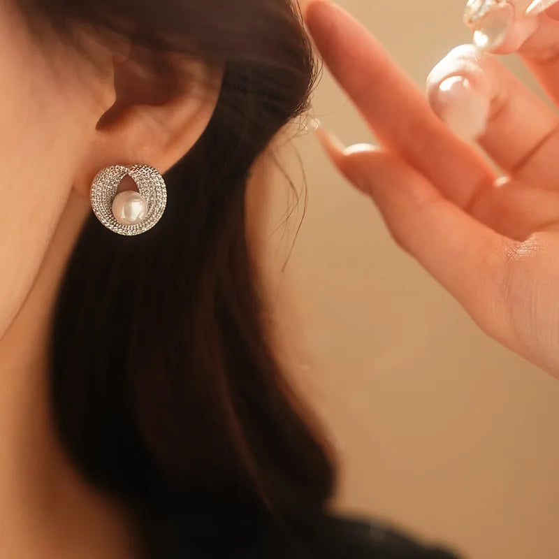 Zircon Round Pearl Earrings for Women Personality Irregular Stud Earring Temperament High Sense Simple Jewelry Wedding Girl - She Vibess By C2P
