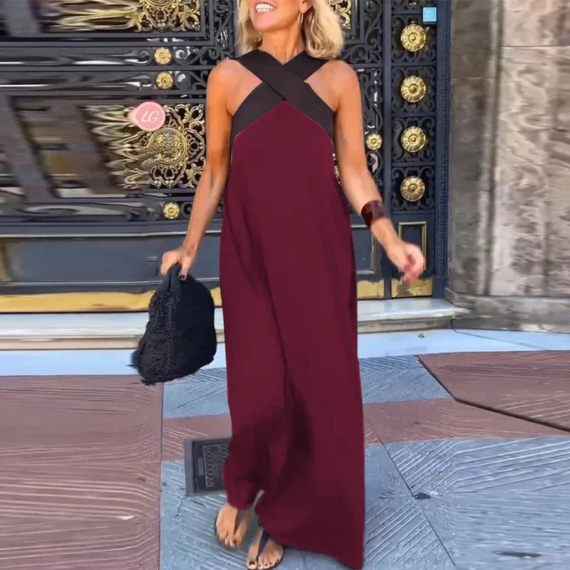 2025 New Summer Women's Halter Color Blocked Long Dress Casual Loose Beach Dress Fashion Off Shoulder Multi-color Holiday Dress