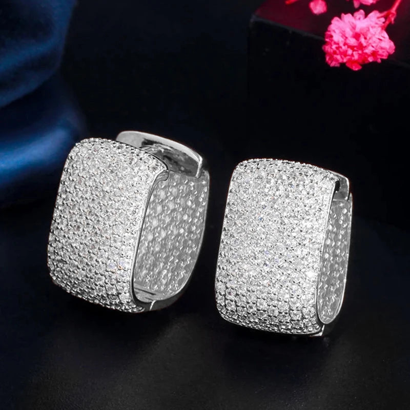 Huitan Full Cubic Zirconia Hoop Earrings for Women Bling Bling Temperament Female Ear Accessories Luxury Bridal Wedding Jewelry - She Vibess By C2P