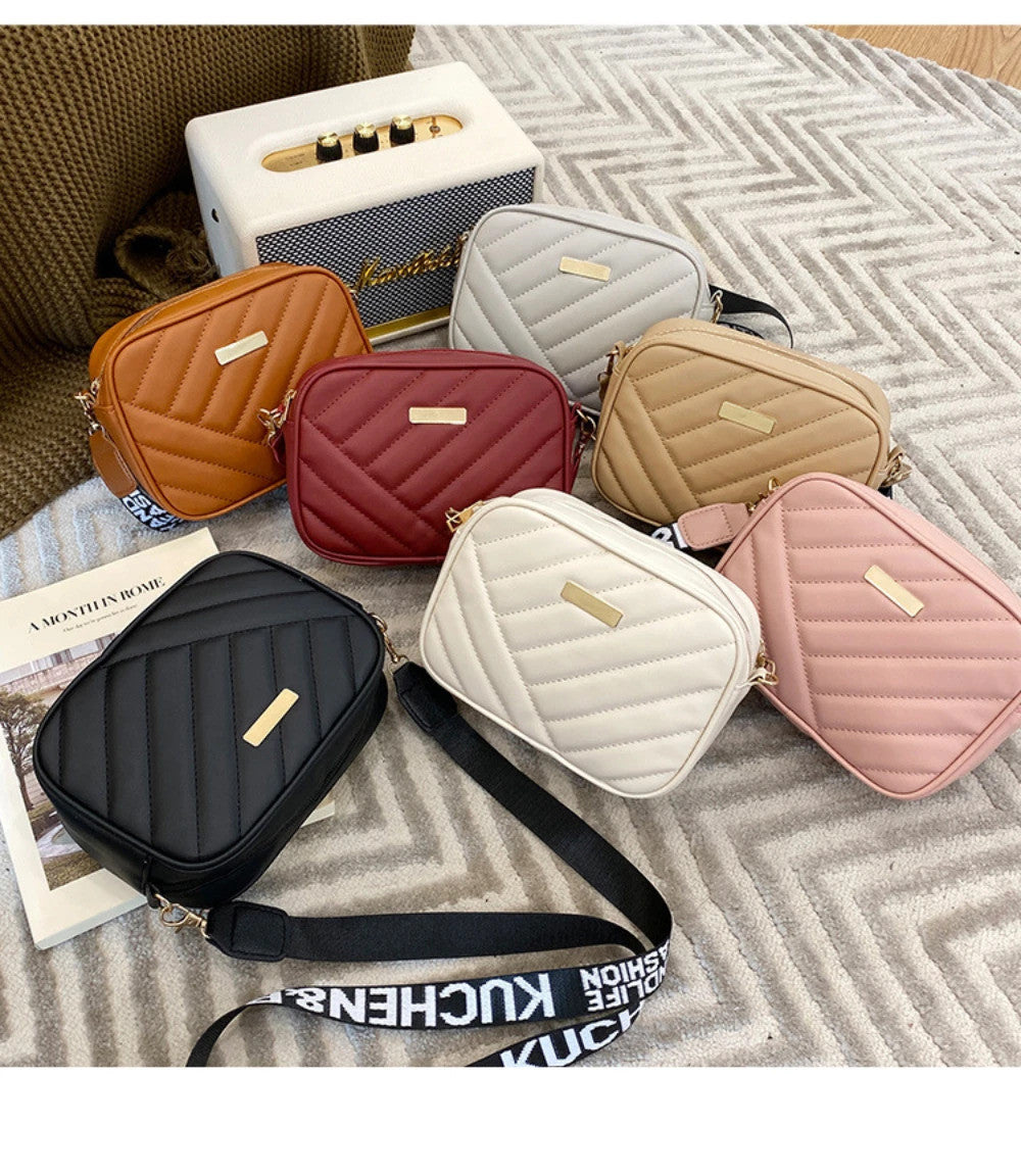High quality women's PU rolling strip camera bag shoulder bag mobile phone bag casual crossbody bag