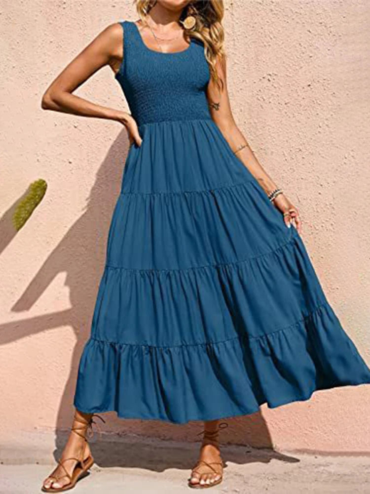 Dresses For Women 2024 Summer Sexy Elegant Sleeveless Floral Solid Color Long Dress Fashion Elastic Waist Beach Party Big Swing - She Vibess By C2P