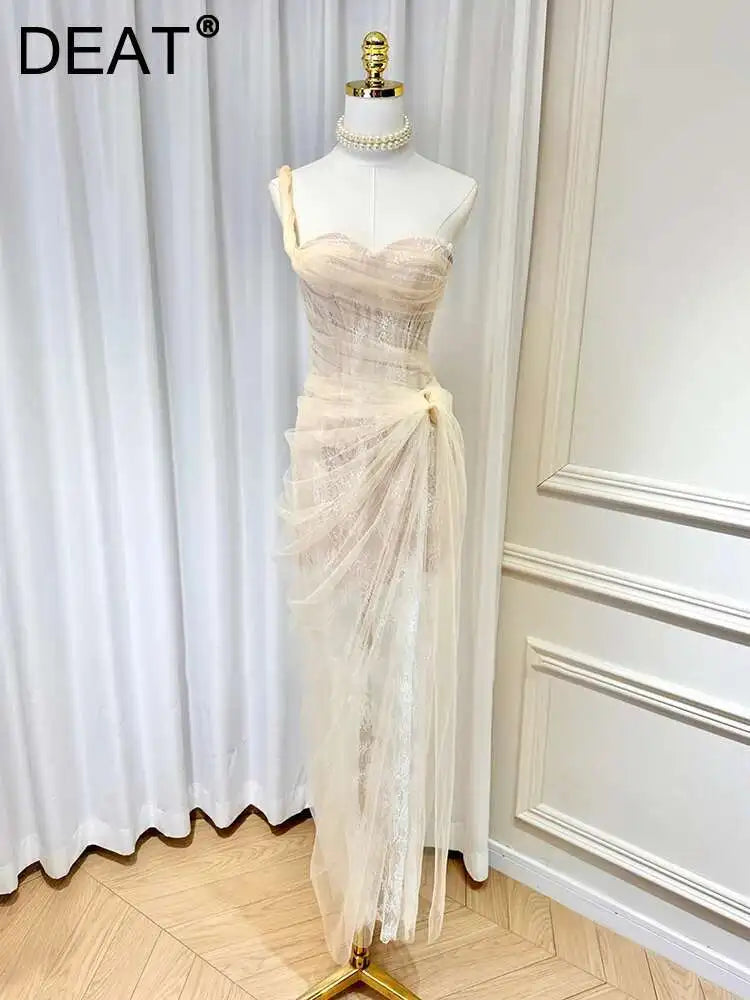 DEAT Women's Single Shoulder Spliced Lace Slit Long Dress 2025 Summer Solid Color Zipper Sleeveless Split Elegant Dresses 15C455 - She Vibess By C2P