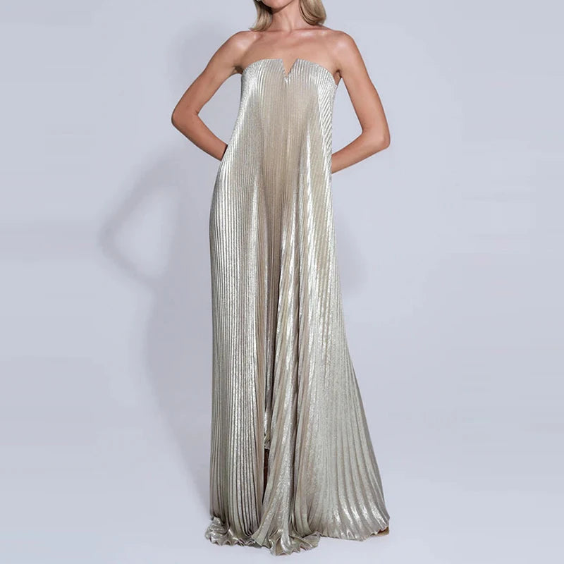 Elegant High Waisted Fold Long Dress Sexy  Backless Party Floor-length Dress Show Style Sleeveless Chest Wrapping Evening Dress