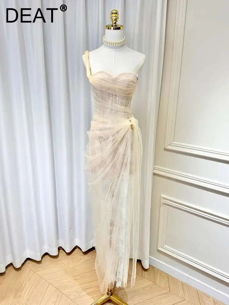 DEAT Women's Single Shoulder Spliced Lace Slit Long Dress 2025 Summer Solid Color Zipper Sleeveless Split Elegant Dresses 15C455 - She Vibess By C2P