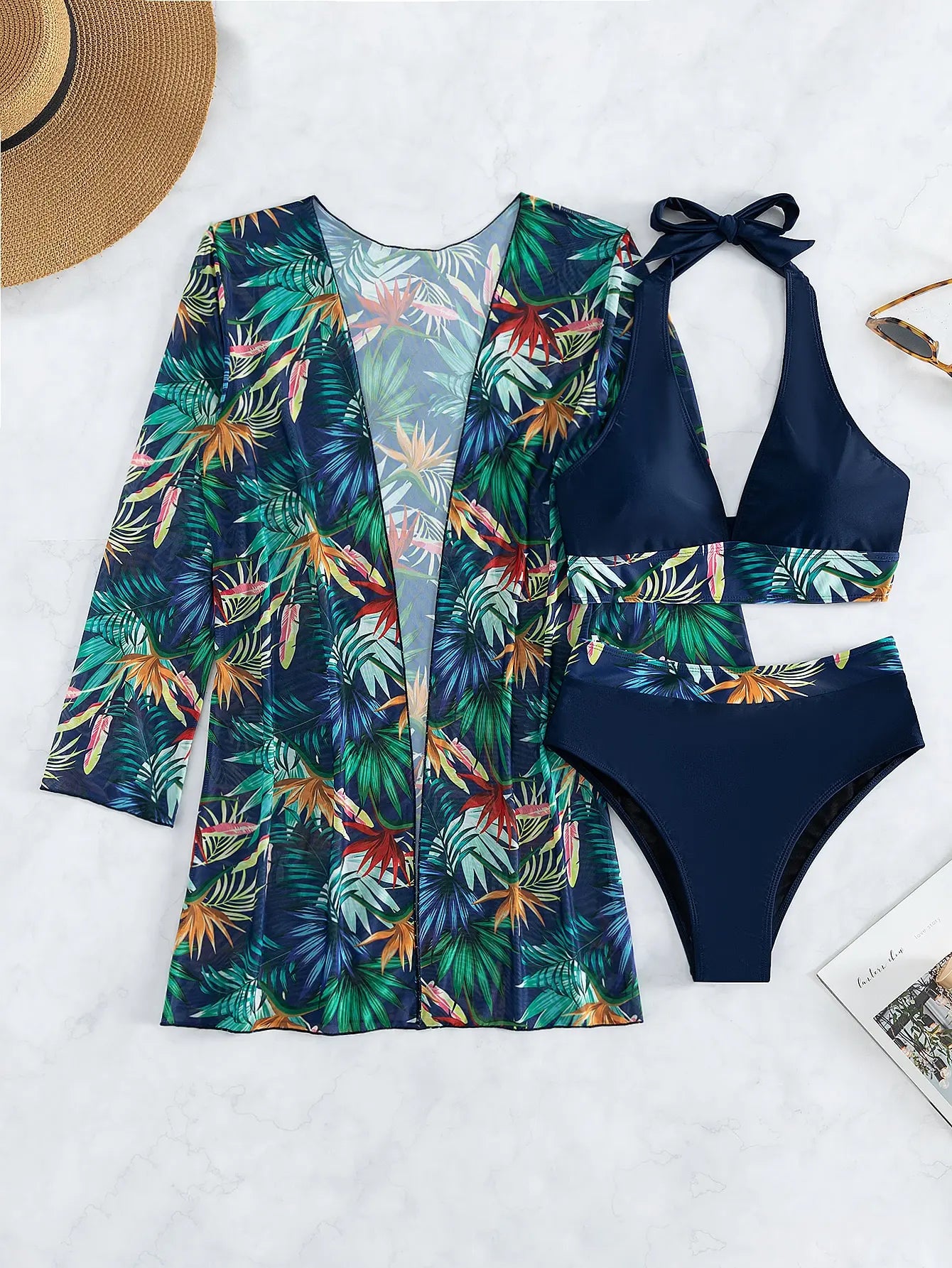 Halter Print Bikini Sets 3PCS Women Swimsuit With Kimono High Waist Swimwear Female Bathers Bathing Swimming Swim Suit Beachwear - She Vibess By C2P