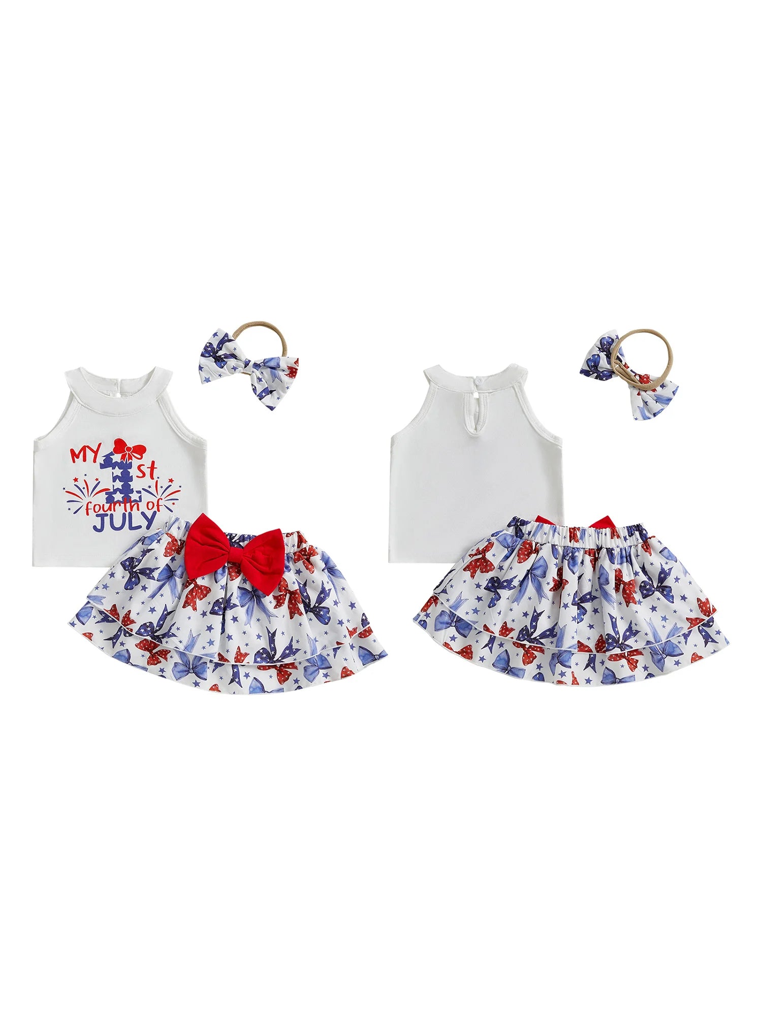 Independence Day Toddler Girls Outfit Set with Sleeveless Tank Top Bow Skirt and Headband - Patriotic Baby Clothes for 4th of - She Vibess By C2P