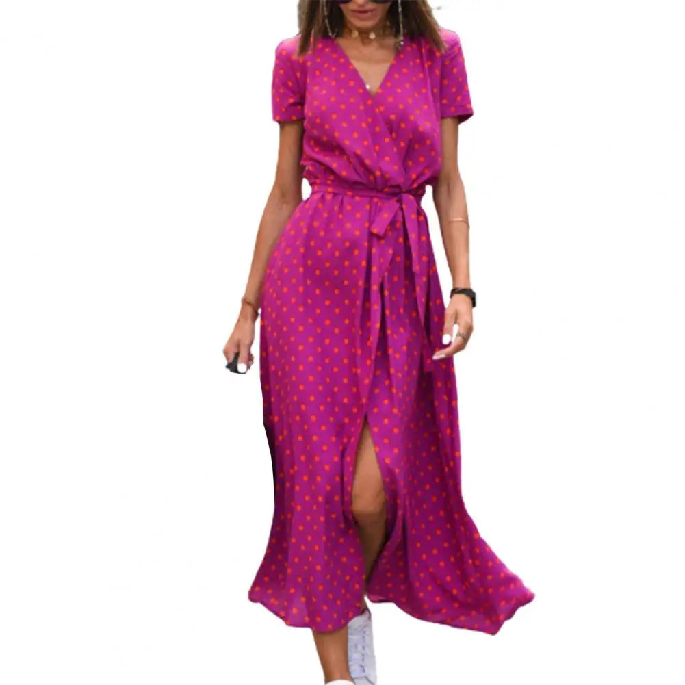 Lady Midi Dress Contrast Color Summer Vacation Holiday Lady Midi Dress Split Dot Print Summer Beach Dress Female Clothes - She Vibess By C2P