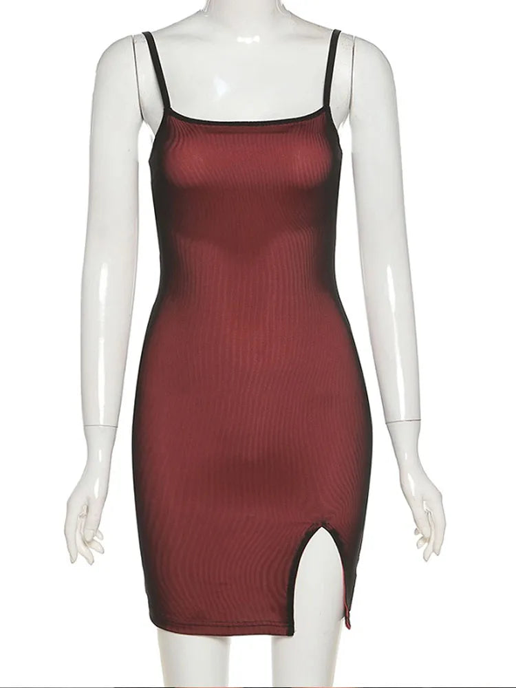 Mesh Double Layer Sexy Skinny Dress Women Sleeveless Party Bodycon 2023 Bandage Elastic Split Trend Clubwear Slim Outfit - She Vibess By C2P