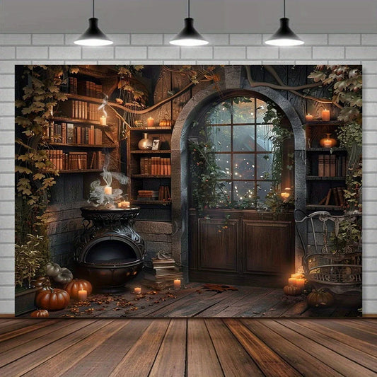 Halloween witch and potion background universal, retro medieval wizard theme for parties and outdoor decorations