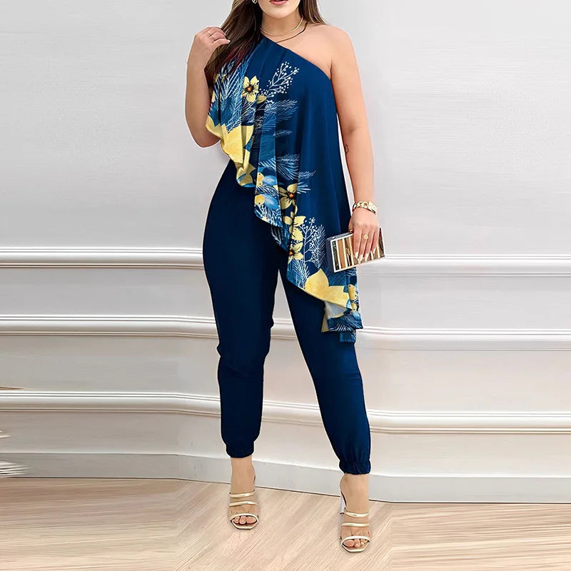 New Pencil Pants Playsuits Women Summer Loungewear Printing Fashion Skew Collar Sleeveless Ruffles Ladies Jumpsuits - She Vibess By C2P