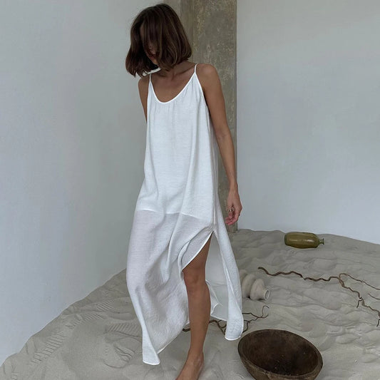 HiLoc Casual Loose White Long Dress Robe 2025 New Summer V Neck Dresses For Women Spring Sleeveless Straight Robes Nightgown - She Vibess By C2P