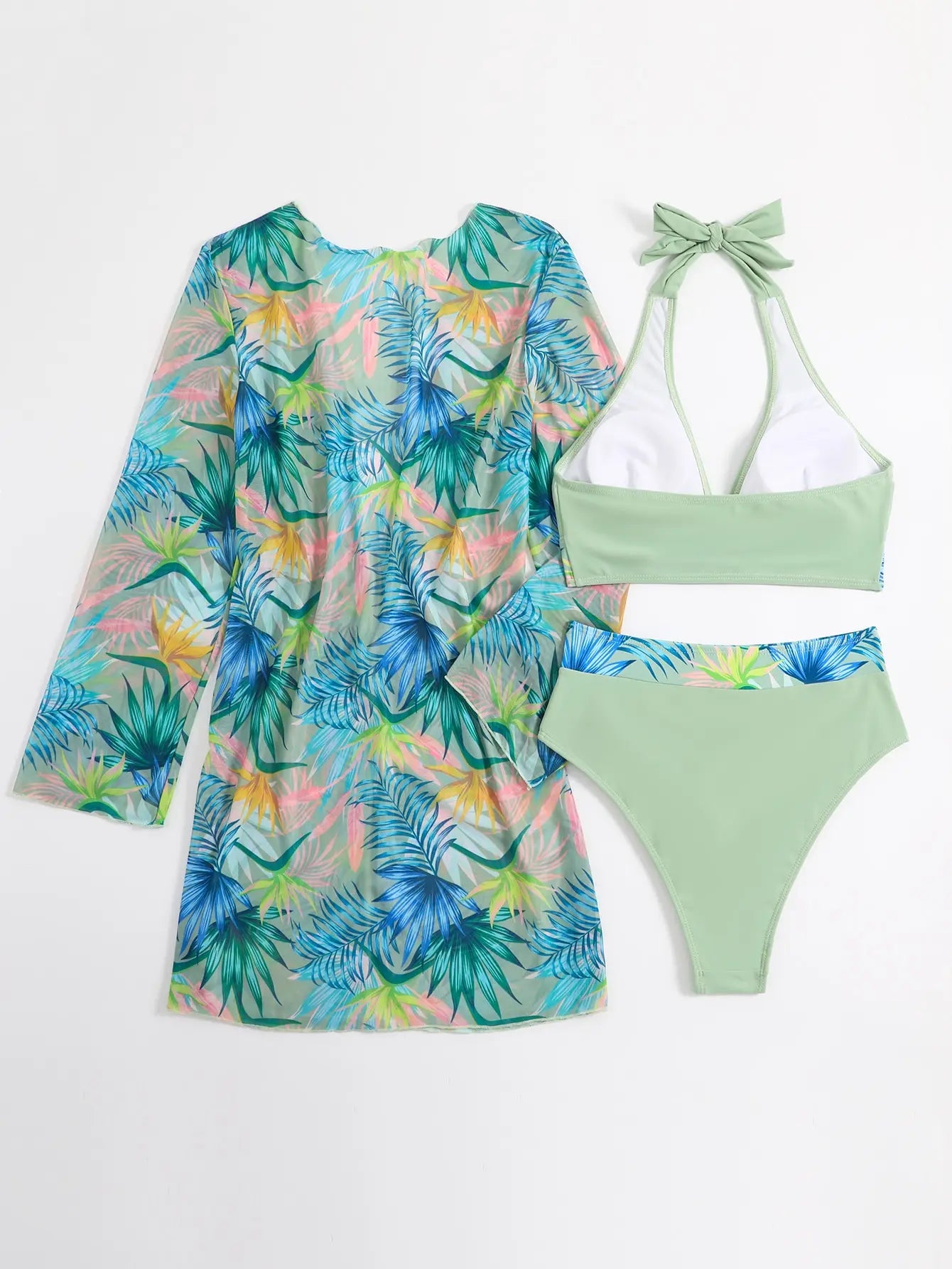 Halter Print Bikini Sets 3PCS Women Swimsuit With Kimono High Waist Swimwear Female Bathers Bathing Swimming Swim Suit Beachwear - She Vibess By C2P