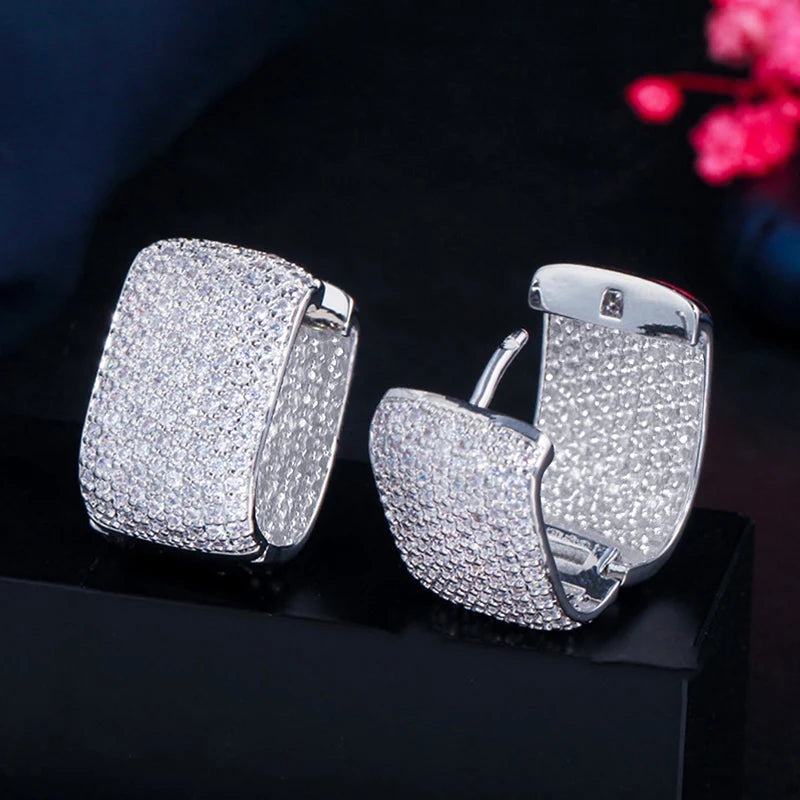 Huitan Full Cubic Zirconia Hoop Earrings for Women Bling Bling Temperament Female Ear Accessories Luxury Bridal Wedding Jewelry - She Vibess By C2P
