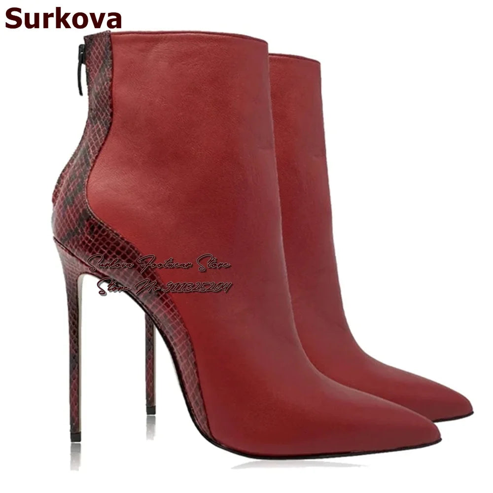 Surkova Red Snakeskin Patchwork Suede Pointed Toe Ankle Boots Women Python Thin High Heel Short Booties Back Zipper Dress Shoes - She Vibess By C2P