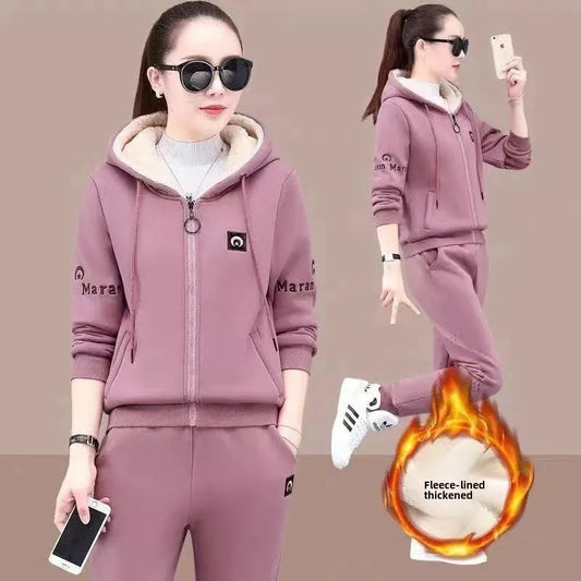 Fashionable Thickened Fleece Set Women's Loose Casual Outfit Hoodie with Pocket Two-Piece Autumn Winter Style Streetwear - She Vibess By C2P