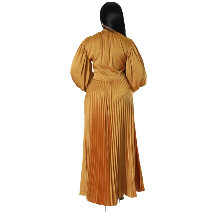 2024 Spring Pleated Loose Fit Maxi Dresses Women Solid Ruched Lantern Sleeve Party Evening Wedding Long Dress Women - She Vibess By C2P