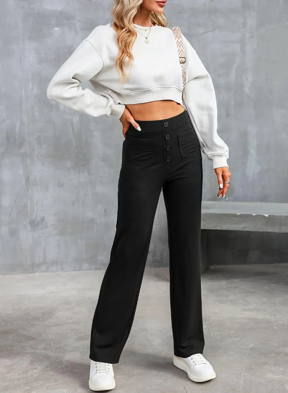 Fashion New Women's Trousers Casual Straight High Waist Button Elastic Daily Office Ladies Multi-Pocket Basic Sweatpants