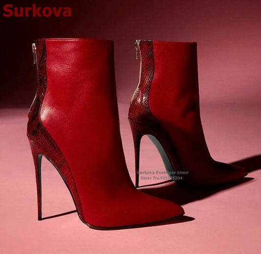 Surkova Red Snakeskin Patchwork Suede Pointed Toe Ankle Boots Women Python Thin High Heel Short Booties Back Zipper Dress Shoes - She Vibess By C2P