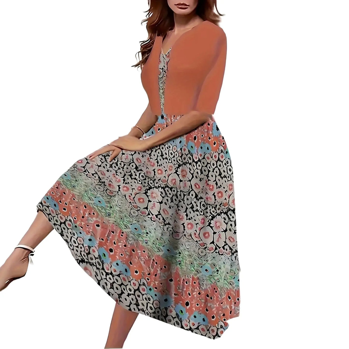 2024 Europe and the United States autumn new women's long dress two-piece set of floral print round neck dress coat women - She Vibess By C2P