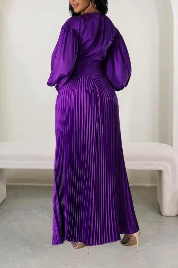 2024 Spring Pleated Loose Fit Maxi Dresses Women Solid Ruched Lantern Sleeve Party Evening Wedding Long Dress Women - She Vibess By C2P