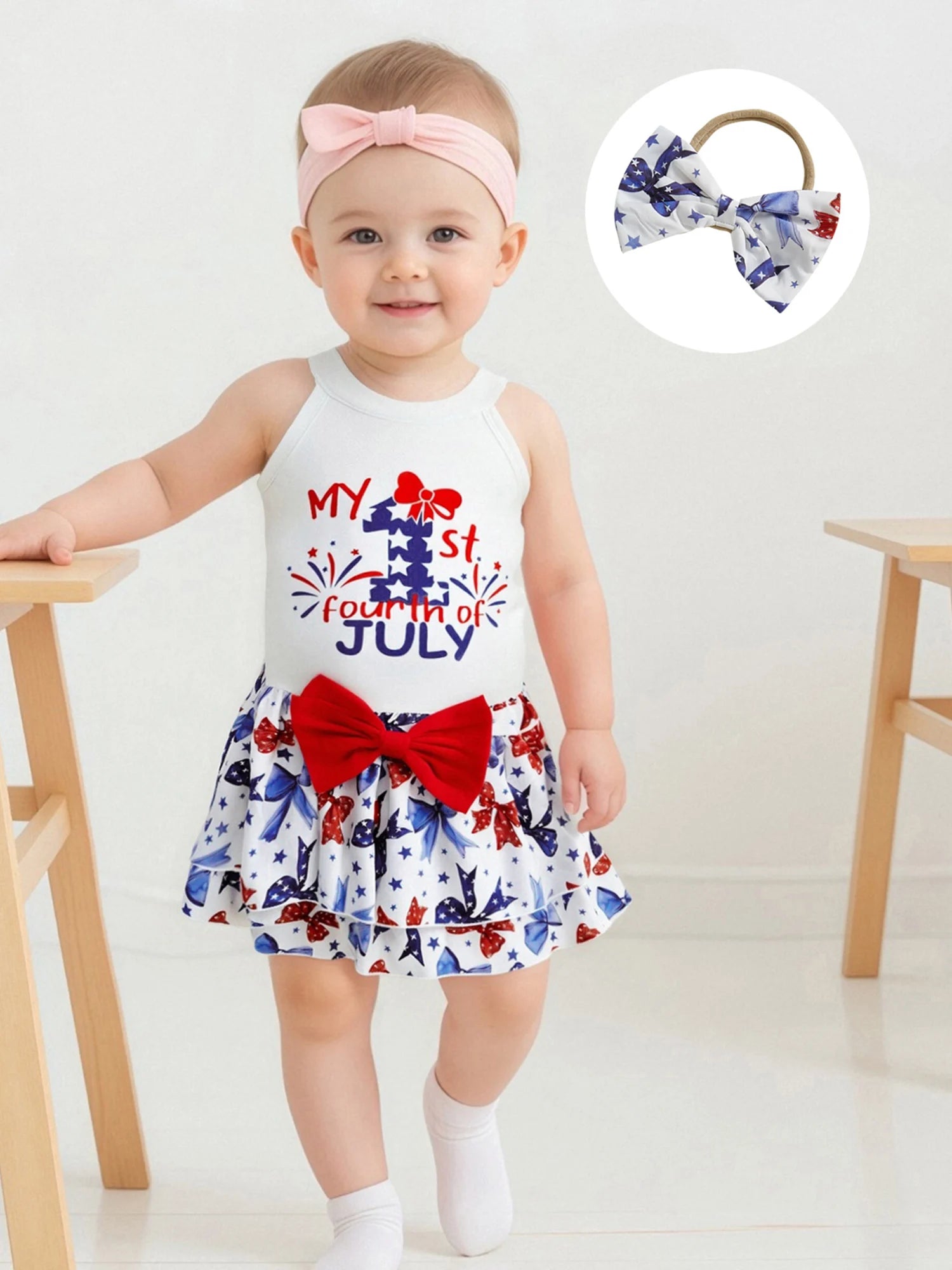 Independence Day Toddler Girls Outfit Set with Sleeveless Tank Top Bow Skirt and Headband - Patriotic Baby Clothes for 4th of - She Vibess By C2P