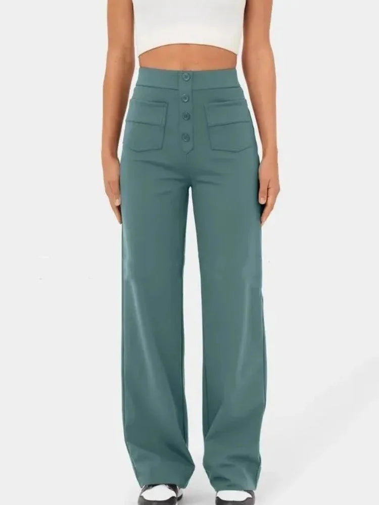 Fashion New Women's Trousers Casual Straight High Waist Button Elastic Daily Office Ladies Multi-Pocket Basic Sweatpants