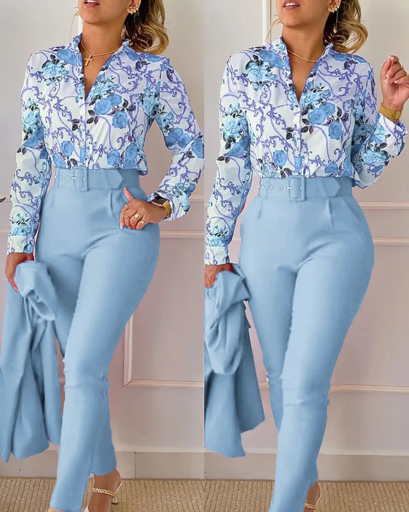 Autumn Winter Stand Neck Floral Print Long Sleeve Shirt Pants Two Piece Sets Elegant Women Casual Shirt Trousers Suits With Belt - She Vibess By C2P