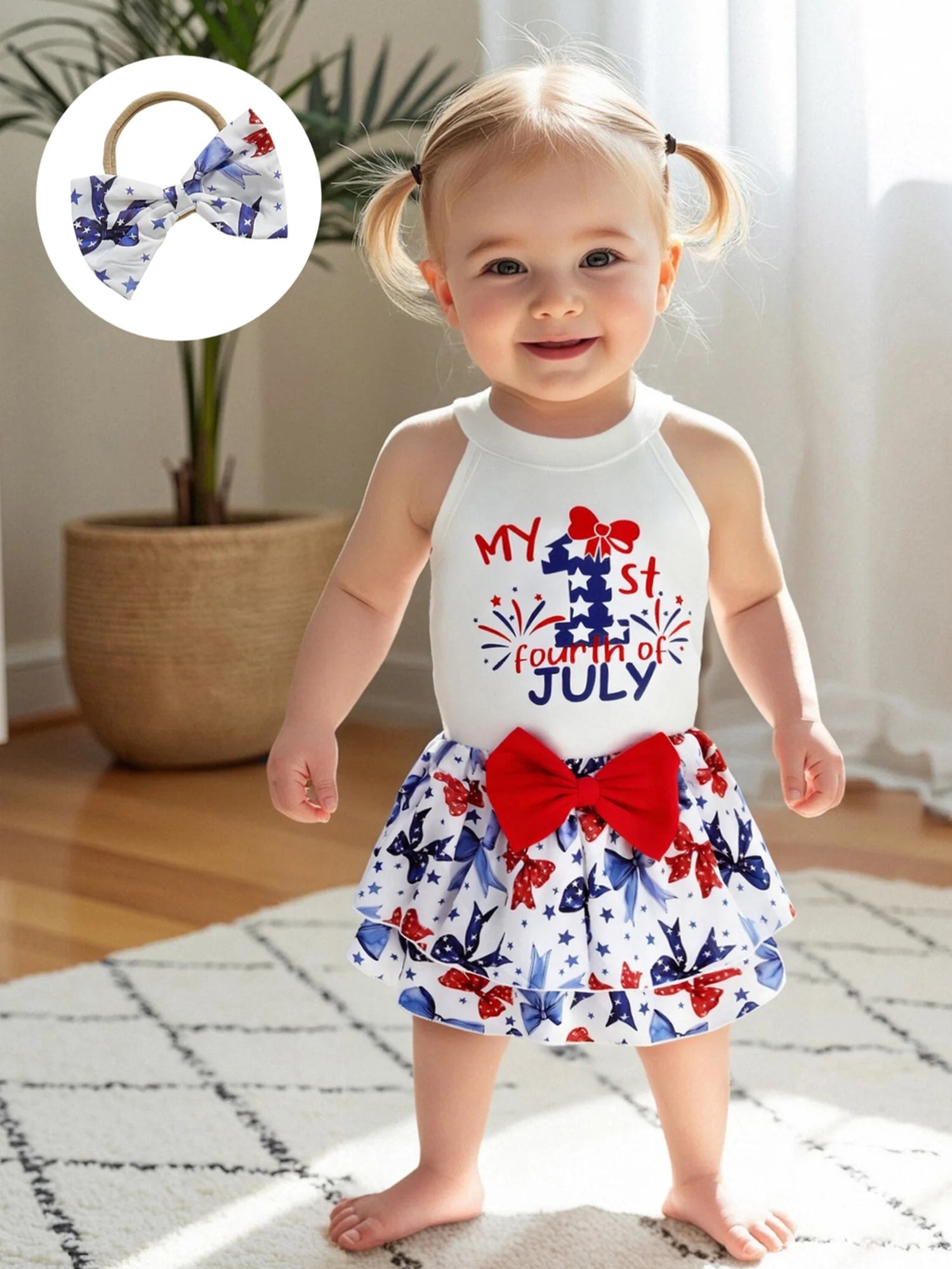 Independence Day Toddler Girls Outfit Set with Sleeveless Tank Top Bow Skirt and Headband - Patriotic Baby Clothes for 4th of - She Vibess By C2P
