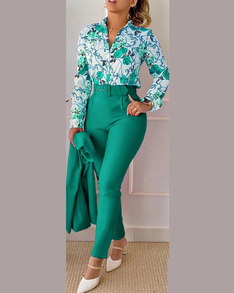 Autumn Winter Stand Neck Floral Print Long Sleeve Shirt Pants Two Piece Sets Elegant Women Casual Shirt Trousers Suits With Belt - She Vibess By C2P
