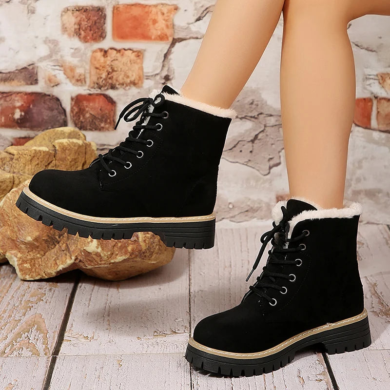 Autumn Winter Warm Plush Ankle Boots Women Plus Size 36-43 Faux Suede Platform Boots Woman Non Slip Lace Up Short Booties Mujer
