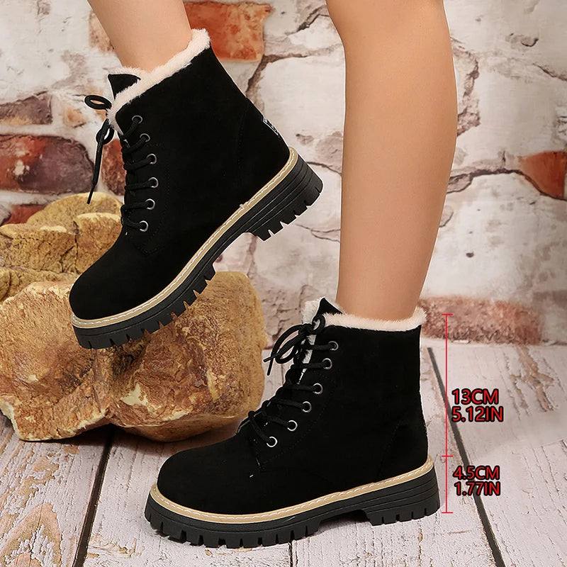 Autumn Winter Warm Plush Ankle Boots Women Plus Size 36-43 Faux Suede Platform Boots Woman Non Slip Lace Up Short Booties Mujer