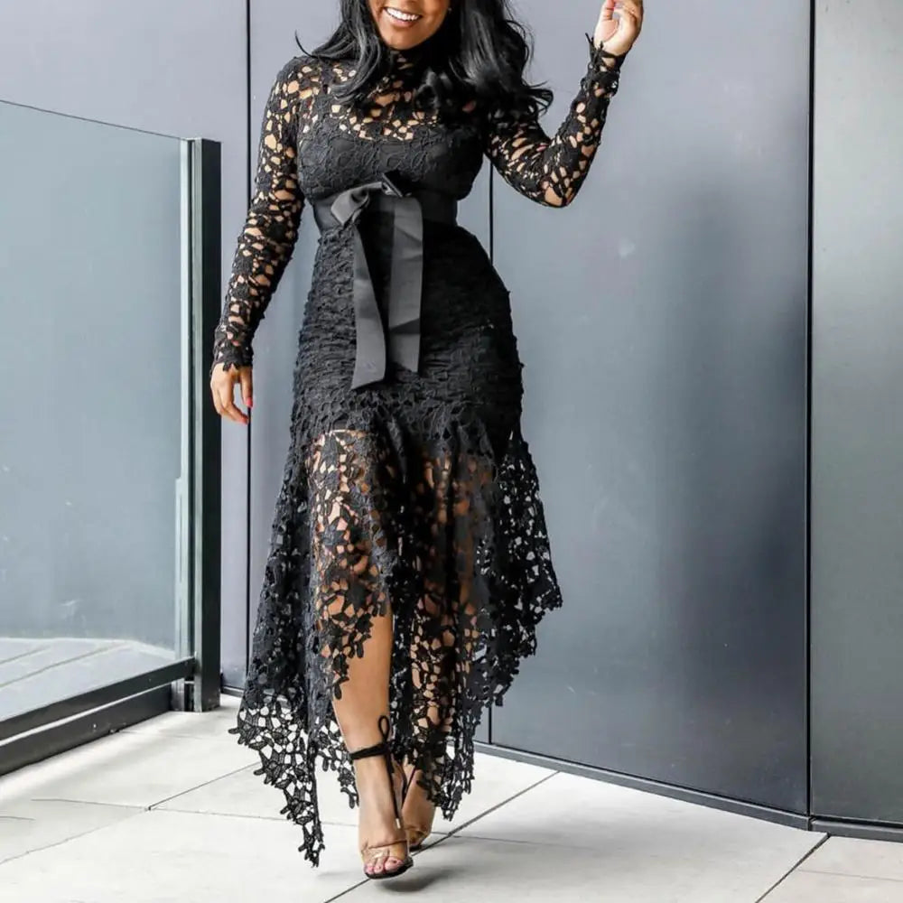 Bowtie Women Lace Dress 2024 Autumn Long Sleeve Stain Bow Belted Irregular Hem Hollow Out Sexy Bodycon Dress Evening Party Dress - She Vibess By C2P
