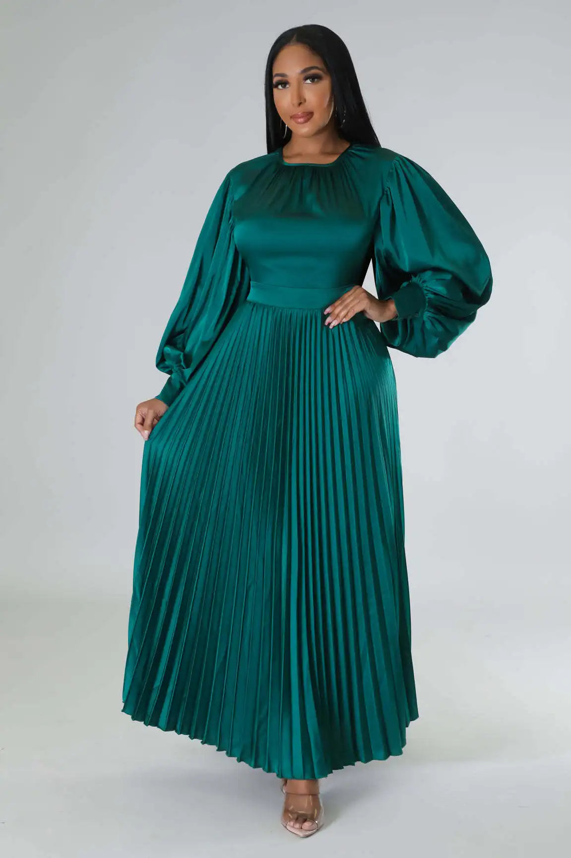 2024 Spring Pleated Loose Fit Maxi Dresses Women Solid Ruched Lantern Sleeve Party Evening Wedding Long Dress Women - She Vibess By C2P