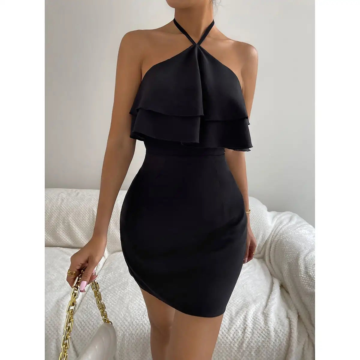 Summer Women's Hanging Neck Exposed Backpack Hip Skirt Fashionable Sexy Ruffled Edge Dress