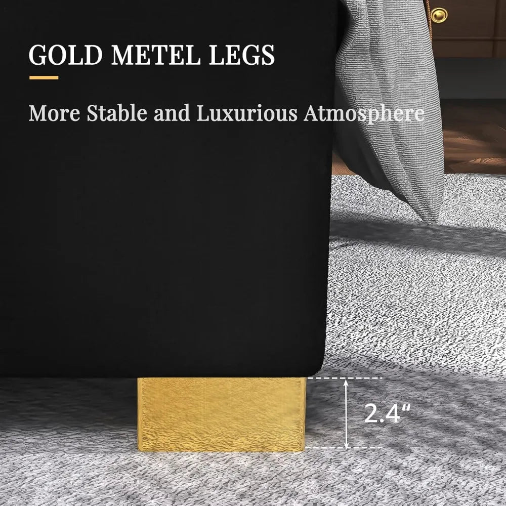 Albott King Size Platform Bed Frame, 65" Velvet Upholstered Bed with Gold Trim Headboard/Wooden Slats/No Box Spring Needed/Black - She Vibess By C2P